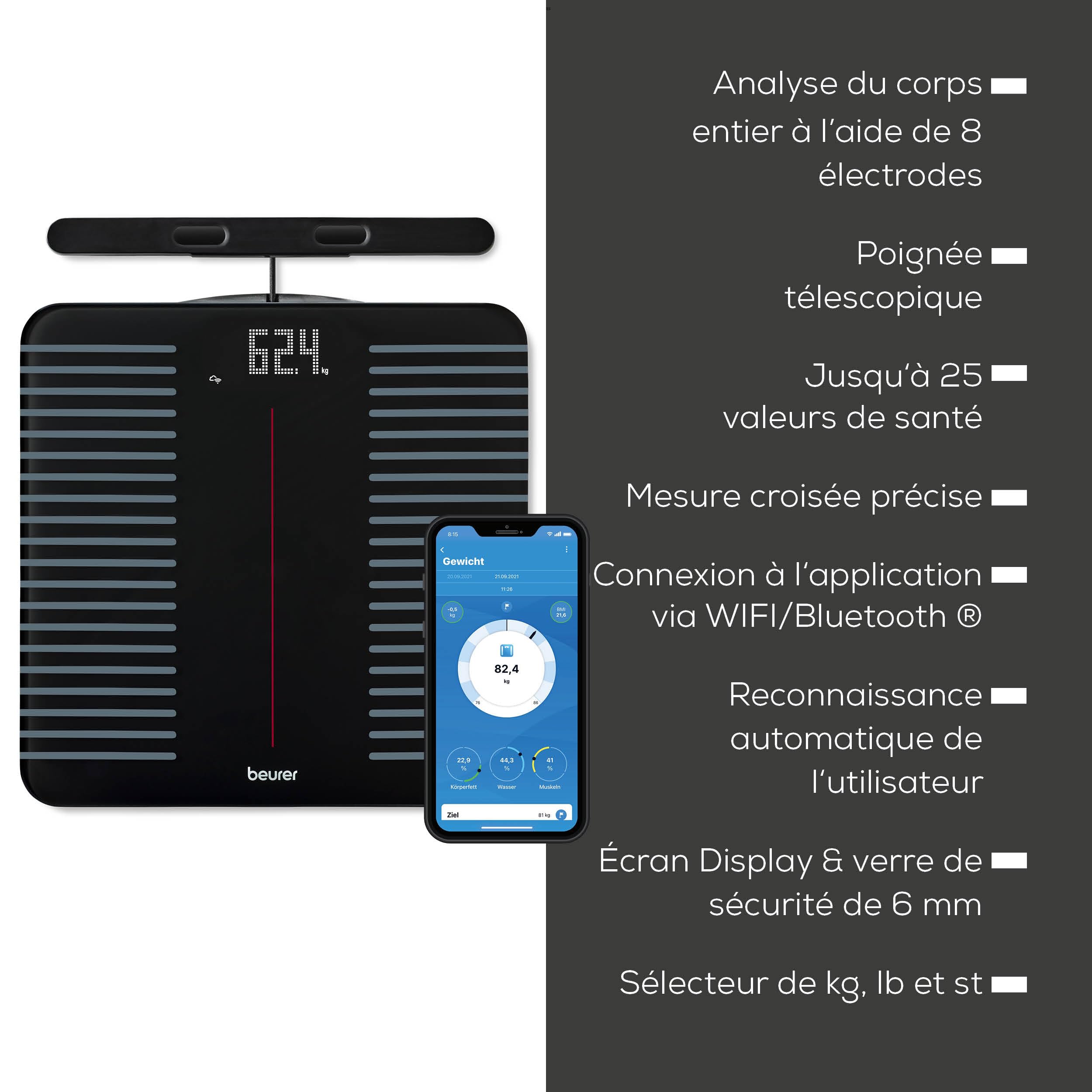 Beurer BF 990 Pèse-personne numérique avec capteurs manuels, connexion à une application via WIFI/Bluetooth, 25 valeurs mesurées, mesure croisée avec 8 électrodes, transfert vers Apple Health & co
