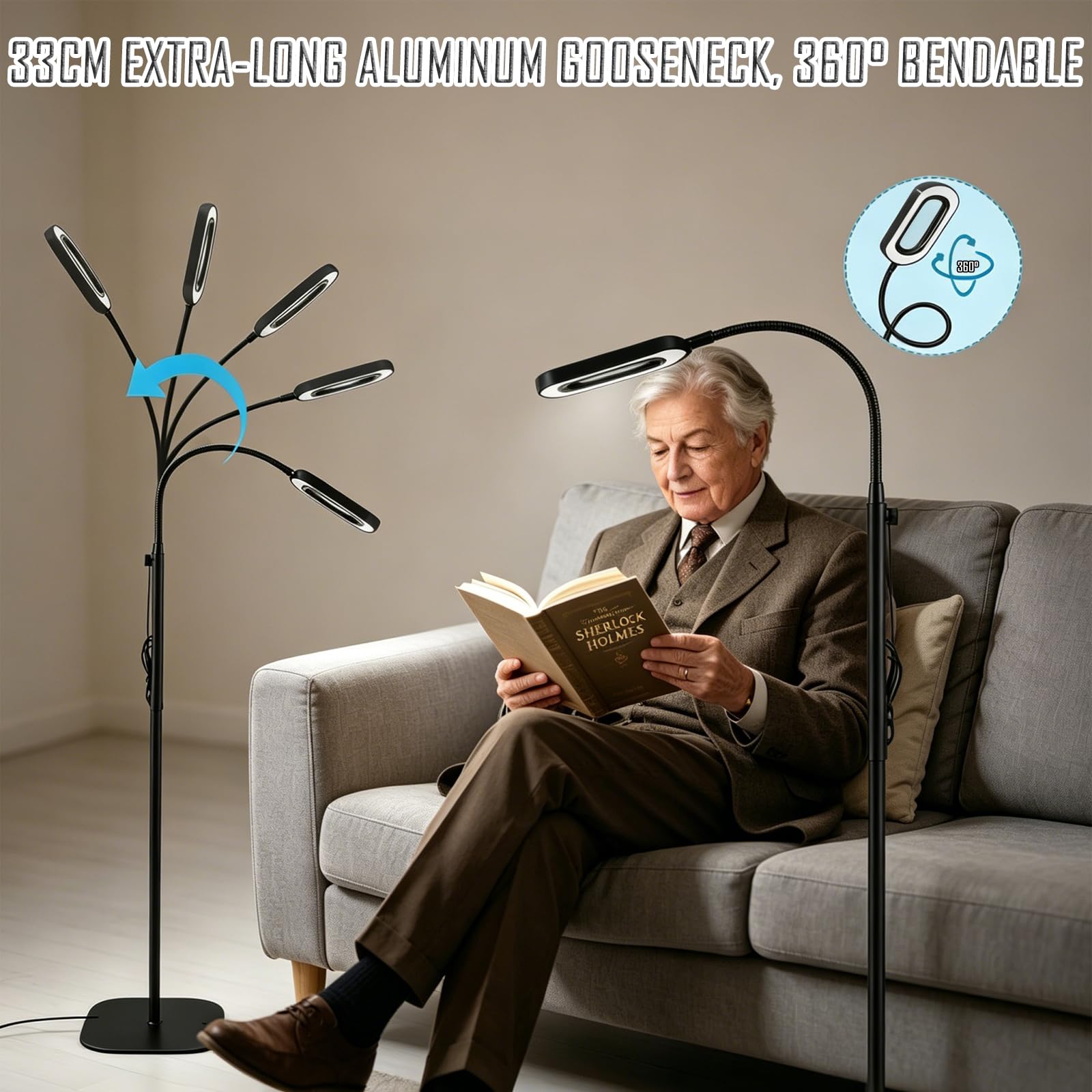 Lupa de Pie LED 3 en 1 con Cuello Cisne Flexible, Lupa de Gran Aumento con Luz Regulable en Color e Intensidad, Lámpara Lupa para Lectura de Ancianos