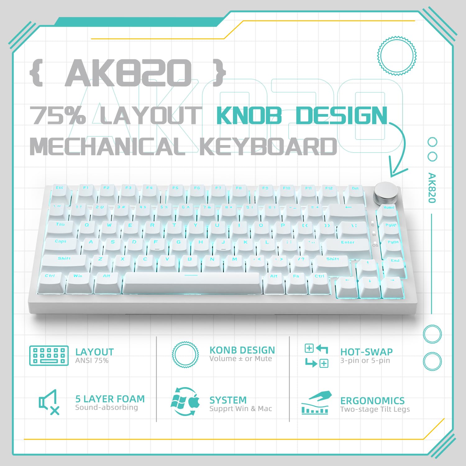 YINDIAO Ajazz AK820 Teclado Mecánico con Perilla,Diseño 75% ANSI,82 Teclas,Teclado para Juegos con Cable,5 Espumas Absorbentes de Sonido,Hot-Swap,Interruptor Azul,Luz Azul Hielo,para PC,Mac (Blanco) — view 2