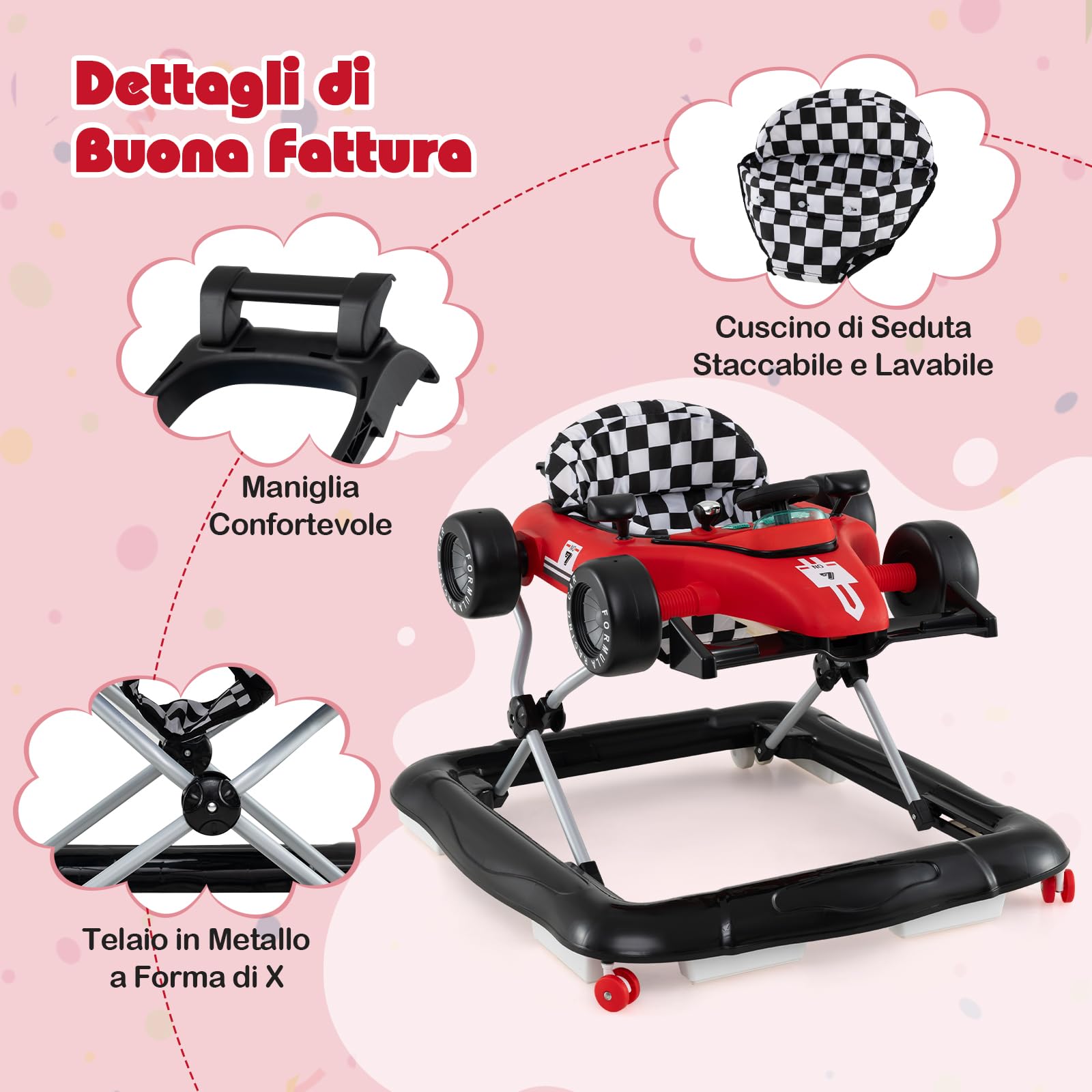 GYMAX 4 in 1 Girello a Spinta Neonato 6 a 12 Mesi, Carico 12kg, Pieghevole con Luci e Suoni, Altezza Regolabili, Carillon Rimovibile, Carrllo Primi Passi per Bambini, 73 x 63 x 51/53/55 cm