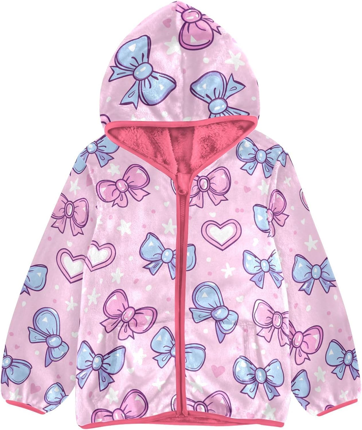 Girls Hoodie Outfit Pink Blue Bow Heart Pattern Zipper Sweatshirt Coat Fleece Jacket for Kids 3-10T
