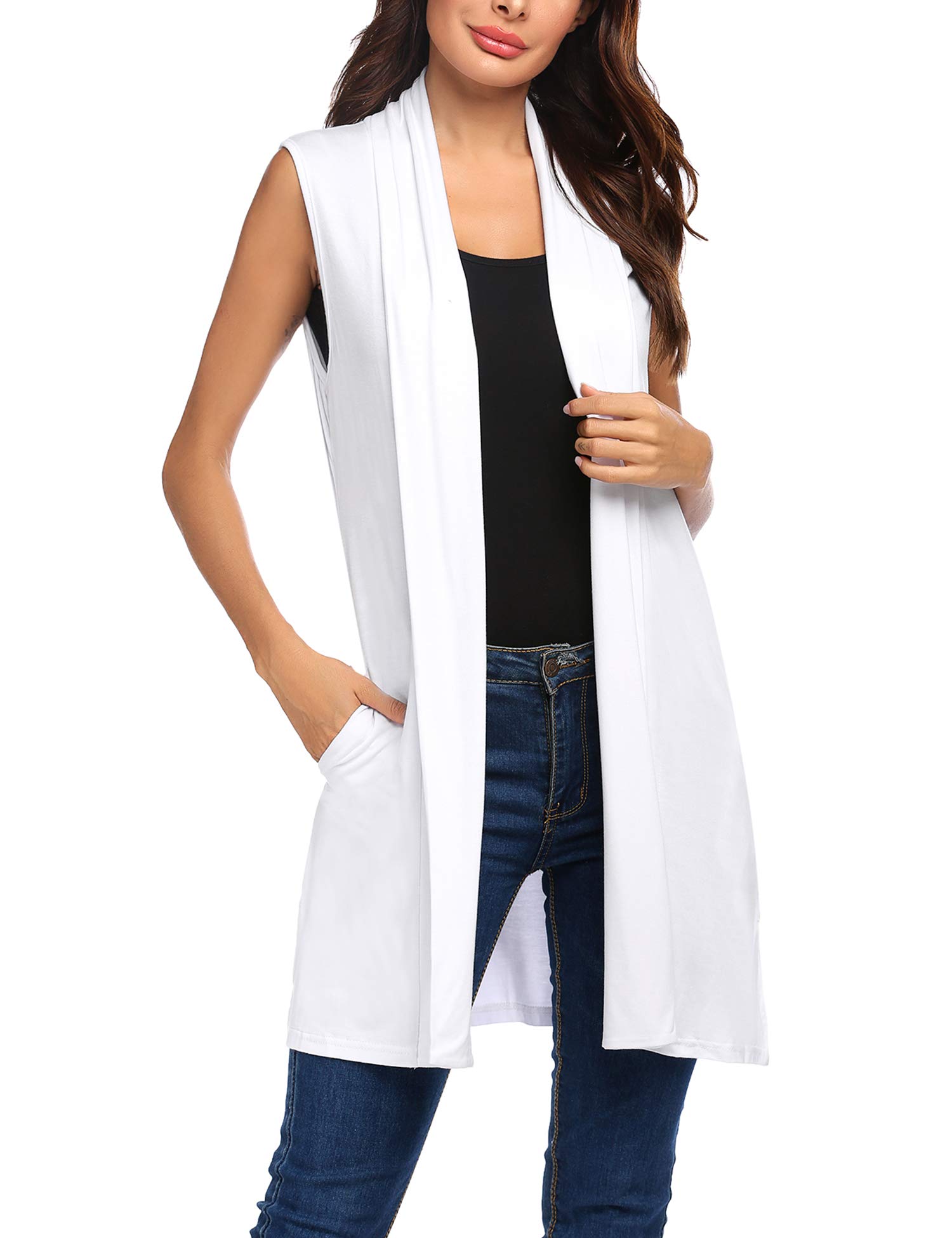 Beyove Womens Long Vests Sleeveless Draped Lightweight Open Front Cardigan Layering Vest with Side Pockets