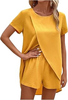 Duohropke Traje de verano de 2 piezas de algodón y lino, cuello redondo, camiseta y pantalones cortos, elegante color sólido, traje de playa de verano