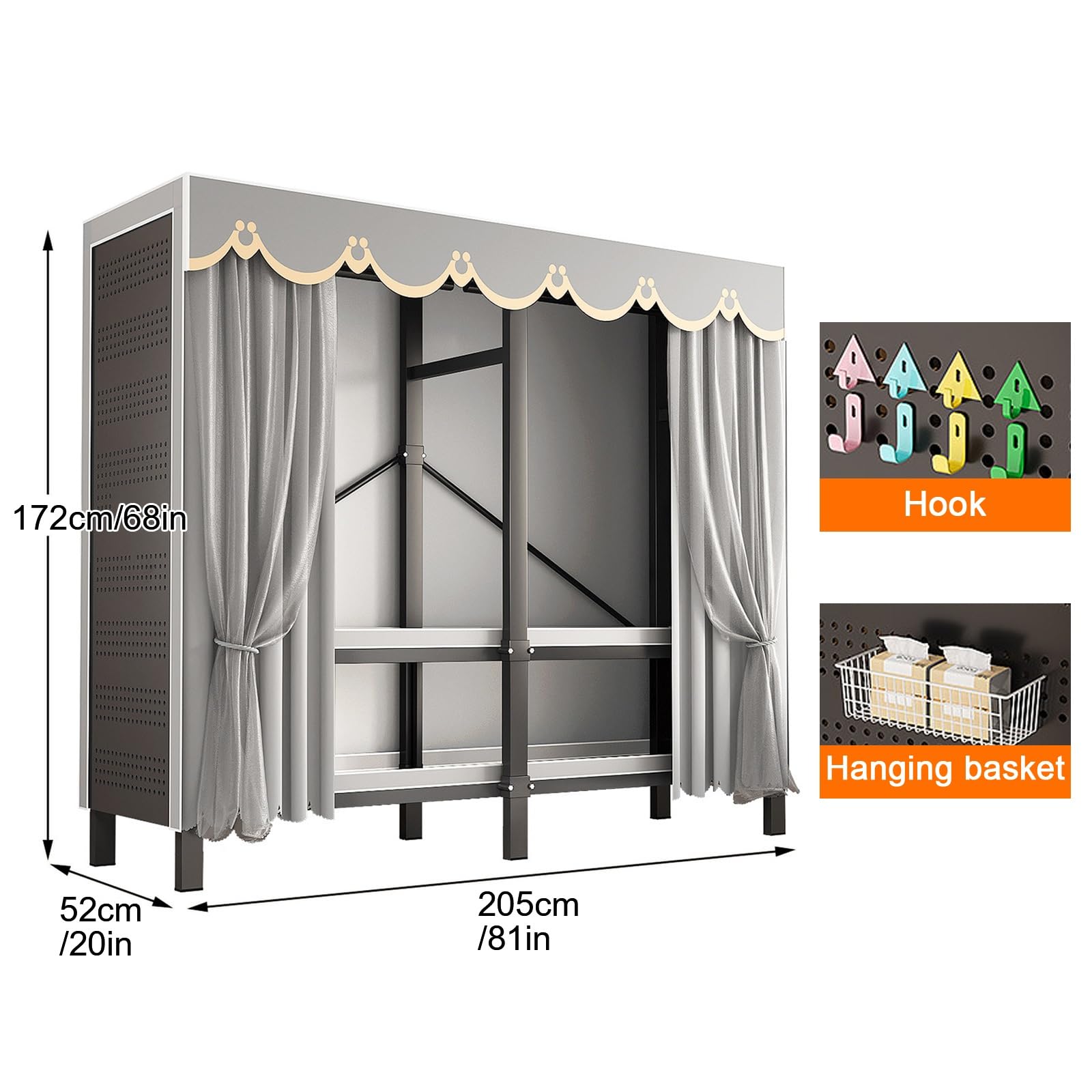 Stoffkleiderschrank mit Abdeckung, Faltbarer Kleiderschrank mit Lochwand zum Selbergestalten, Freistehender Kleiderständer aus Metall zur Aufbewahrung von Kleidung(Right,205cm/81in)