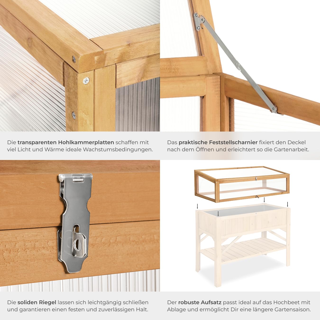 tectake® Frühbeet Aufsatz aus Holz, witterungsbeständig, Schutz vor Wind und Wetter, Frühbeetaufsatz mit funktionellen Hohlkammerplatten, 115 x 53 x 34 cm, kombinierbar Hochbeet 403232