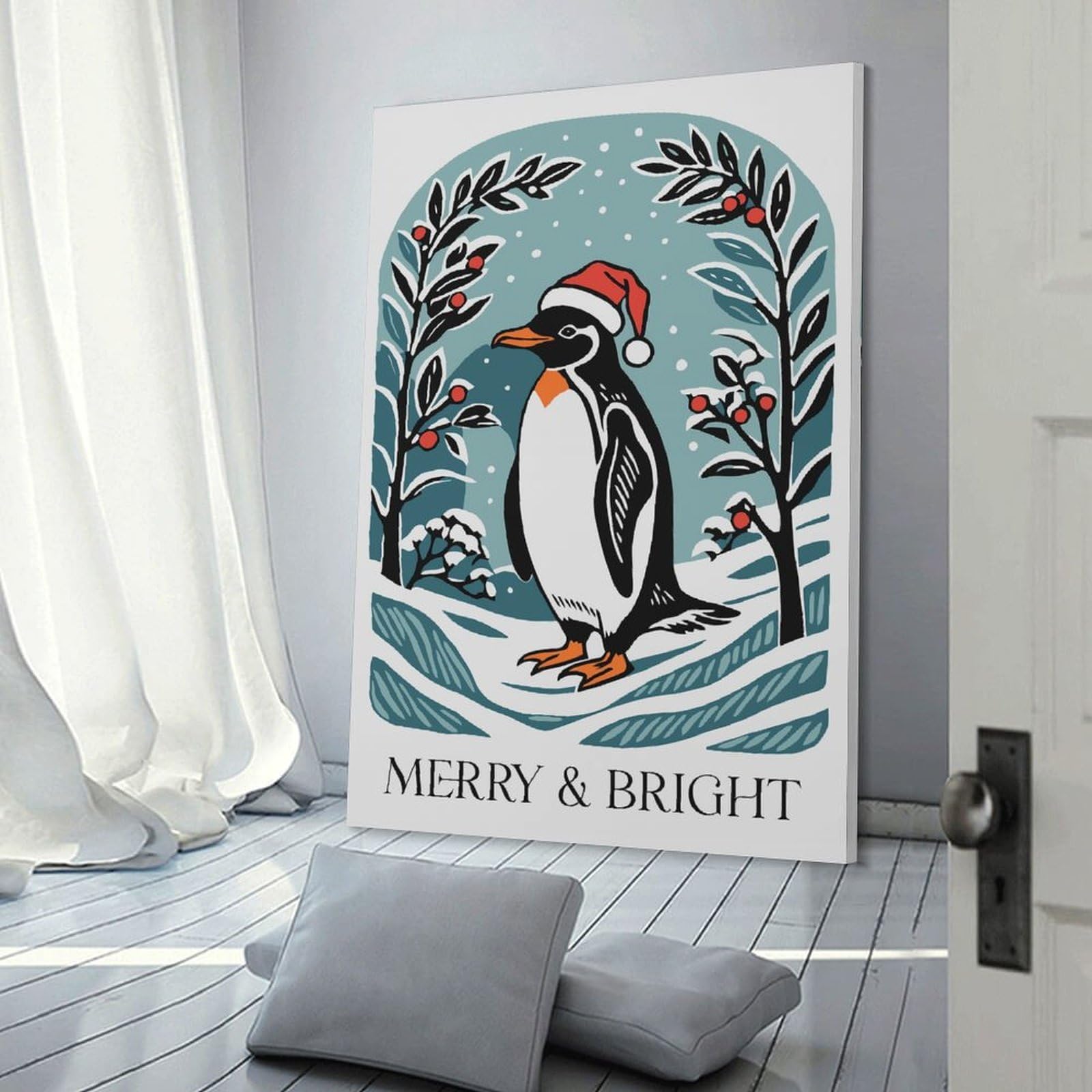 Junmoney Frame-Style-8 Room Decor Wall Art Penguin Christmas Card, 20X30inch(50X75cm), For Wall Displays, Bedrooms Or Room Updates, A Versatile Canvas Print For Layering
