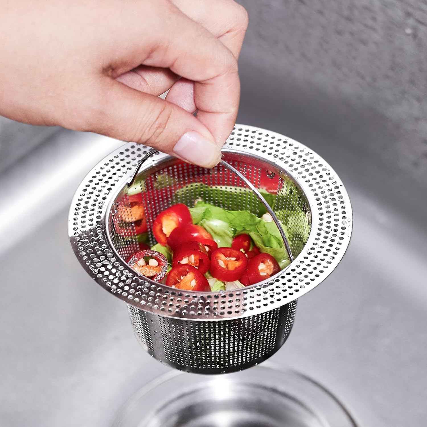 2 Pc Kitchen Sink Drain Strainer, 304 Stainless Steel with Portable Handle for Standard 3-1/2 Inch Drain, Large 4.21 Inch Basket - Image 7