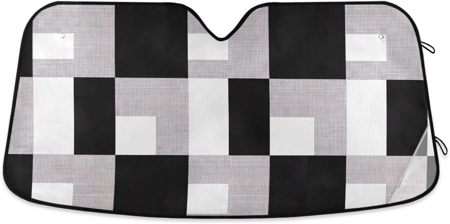 Black White Buffalo Plaid Squares Car Windshield Sun Shade Foldable Sun Shield Blocks UV Rays Sun Heat Protection 57×31.5 inch