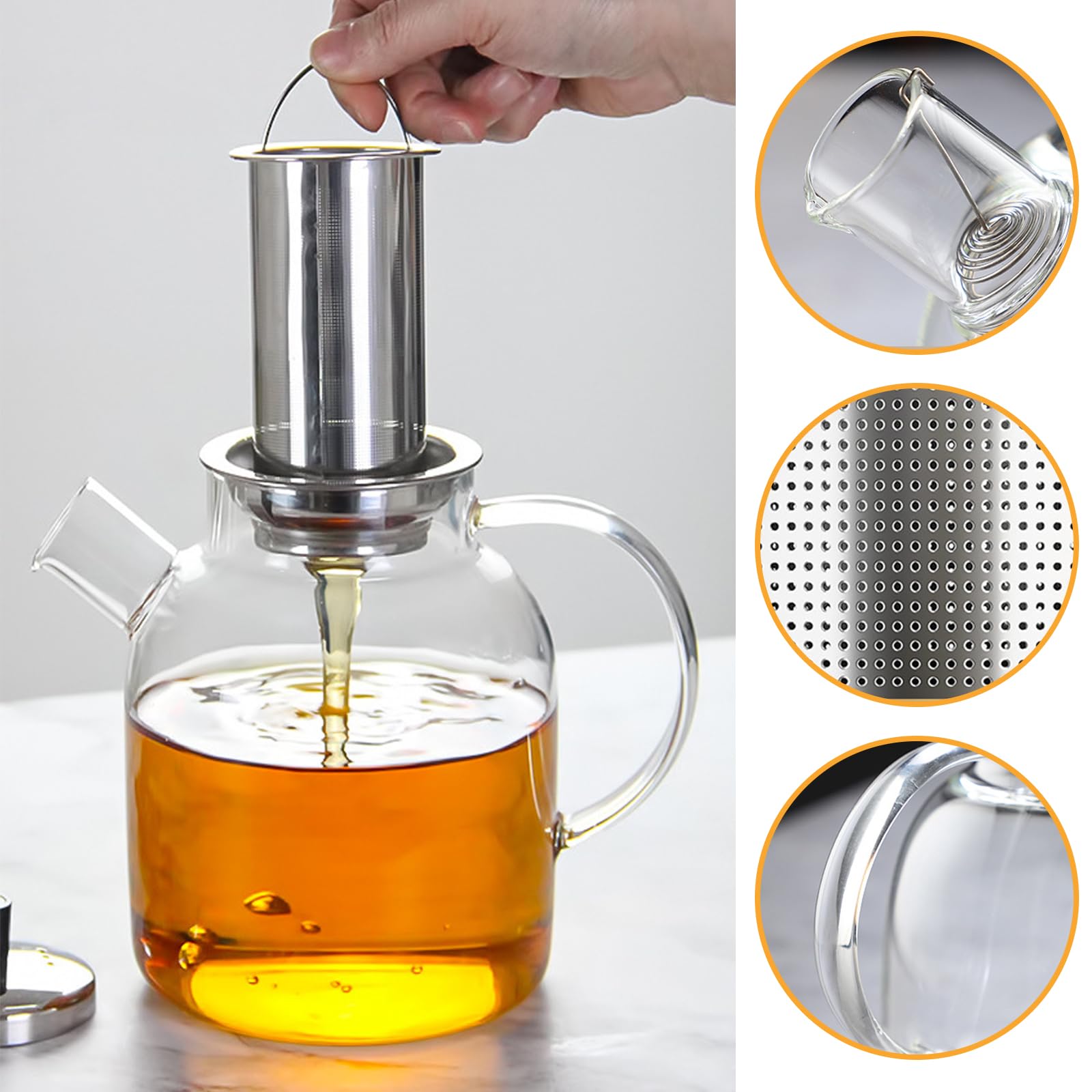 Théière en verre de 1,8 L avec infuseur et chauffe-plat, théière en verre avec infuseur en acier inoxydable et sous-verre de maintien au chaud, théière résistante à la chaleur pour thé en vrac et
