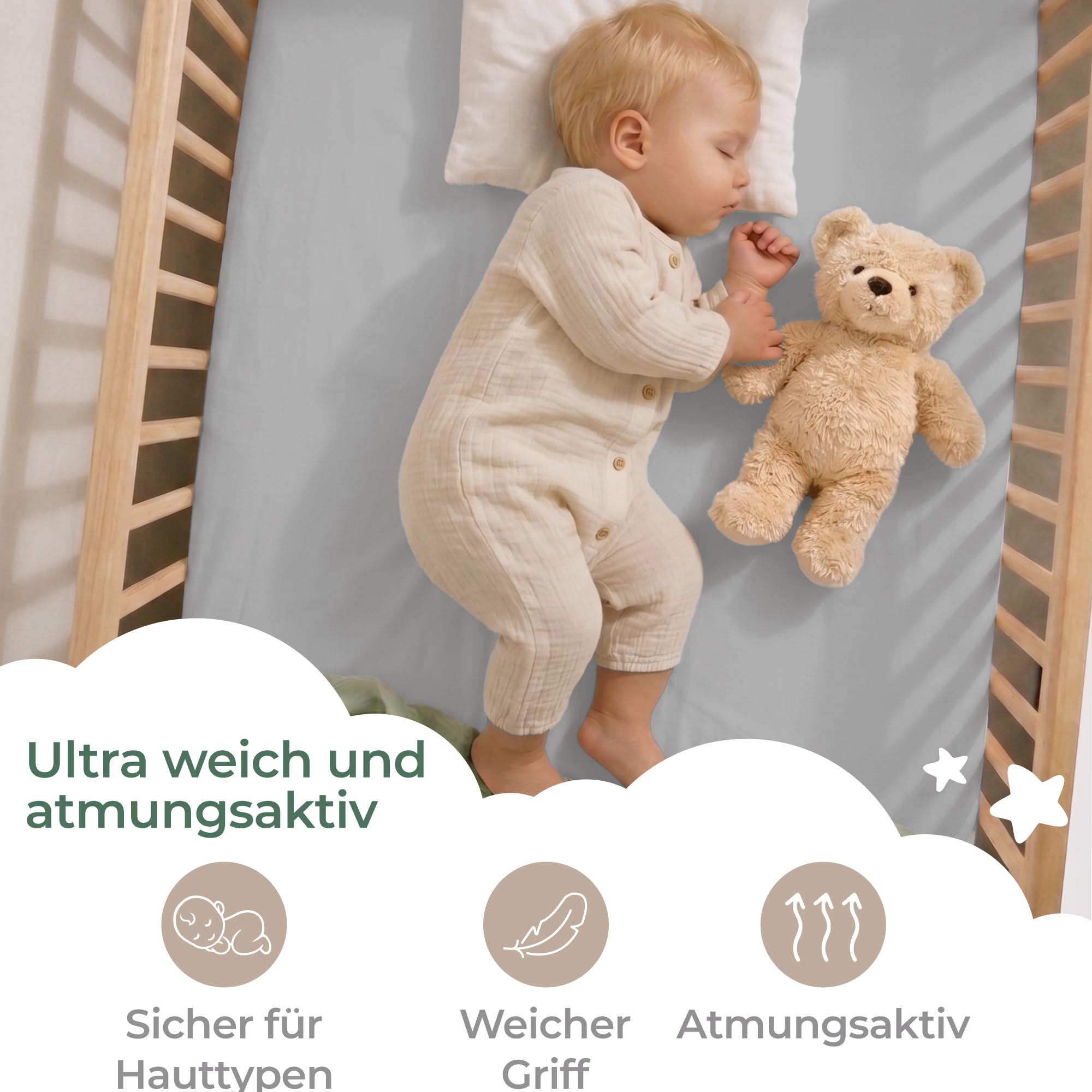 Dreamzie - Baby Spannbettlaken 51x85 cm, 2er-Set, GOTS Bio-Baumwolle Jersey, für Beistellbett und Tutti Bambini CoZee, Grau