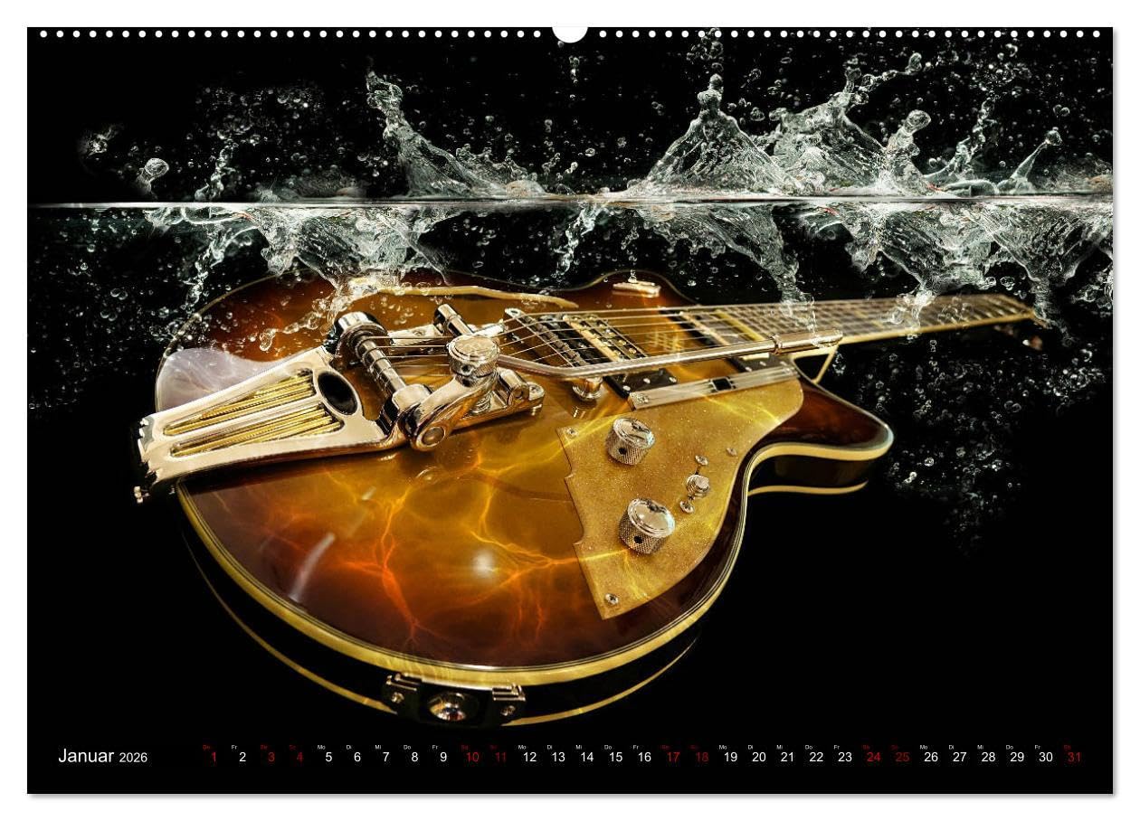 Gitarren im Wasser (hochwertiger Premium Wandkalender 2026 DIN A2 quer), Kunstdruck in Hochglanz: Fantastische, einzigartige Bilder von Gitarren im und unter Wasser (CALVENDO Kunst)