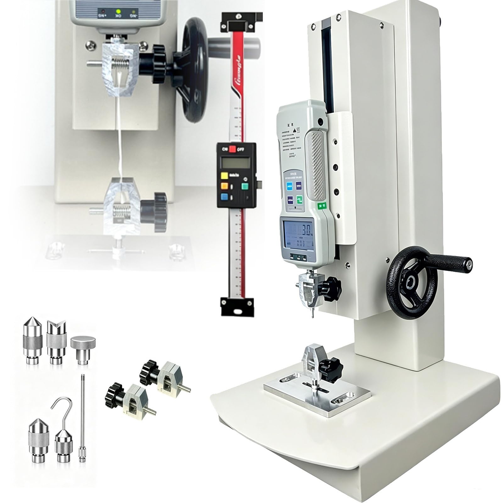 Osnzyc Digital Tensile Testing Machine, Manual Force Gauge Stand,Hand Crank Vertical Tensile Test Bench with Hand Crank, 5 Probes 2 Testing Clamp,for Compression and Tension Testing WithRuler-20N