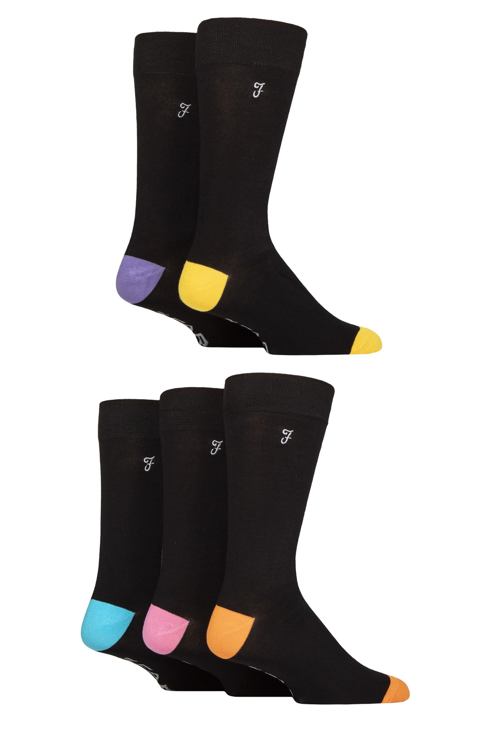 Farah Mens Bamboo Socks Plain and Patterned Striped Argyle Spotty Designs, Bright Colourful, Gift for Him, 5 Pairs - Contrast Black 6-11