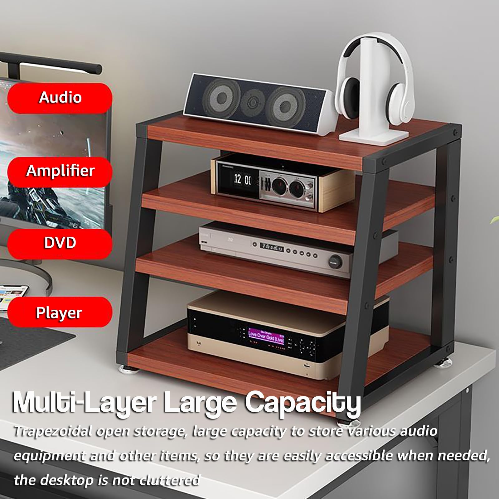 Supporto AV da tavolo, scaffale audio-video con ripiano in legno, armadio stereo aperto, armadio componente, mobile per scrivania per computer, nero, 3 livelli, larghezza 45 cm
