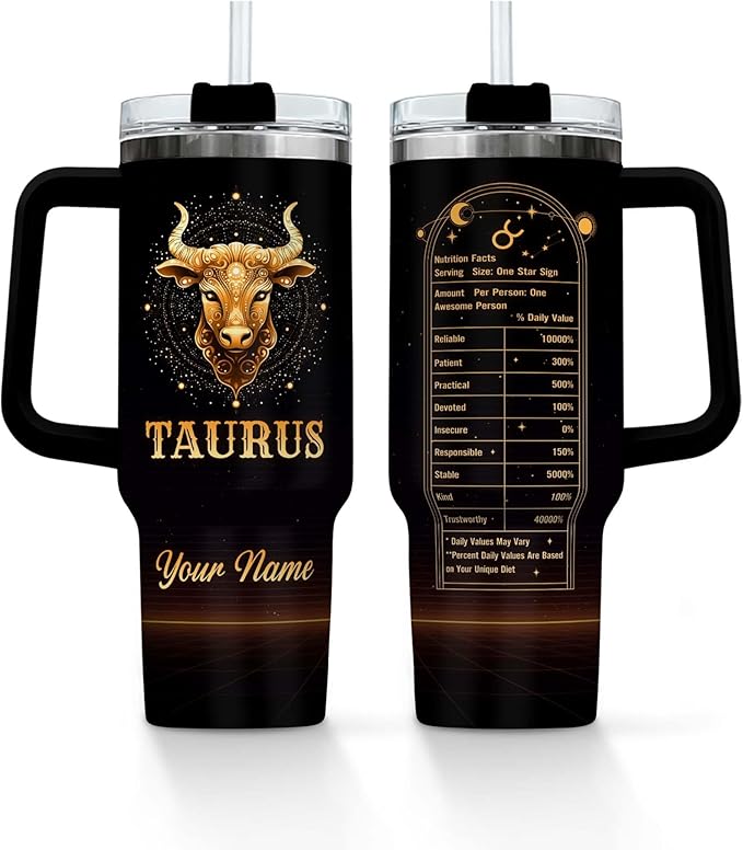 Personalized Zodiac Signs - Taurus -40 Oz Tumbler with Handle and Straw Lid, Custom Tumbler with Name Insulated Coffee Mug Stainless Steel Travel Mug, Birthday Gifts for Women Men