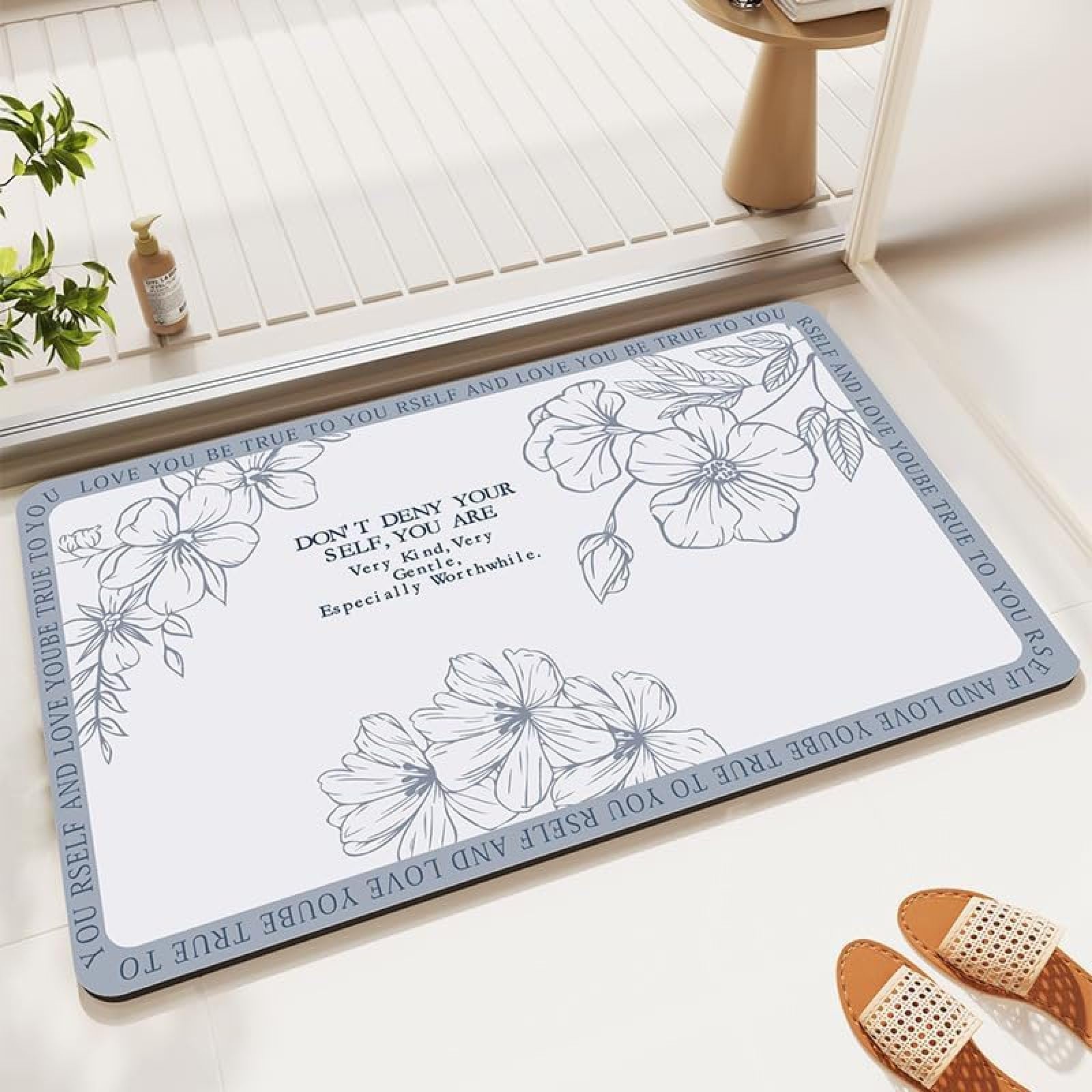 Tapis de bain fleurs bleues non glissé fini l'humidité au sol