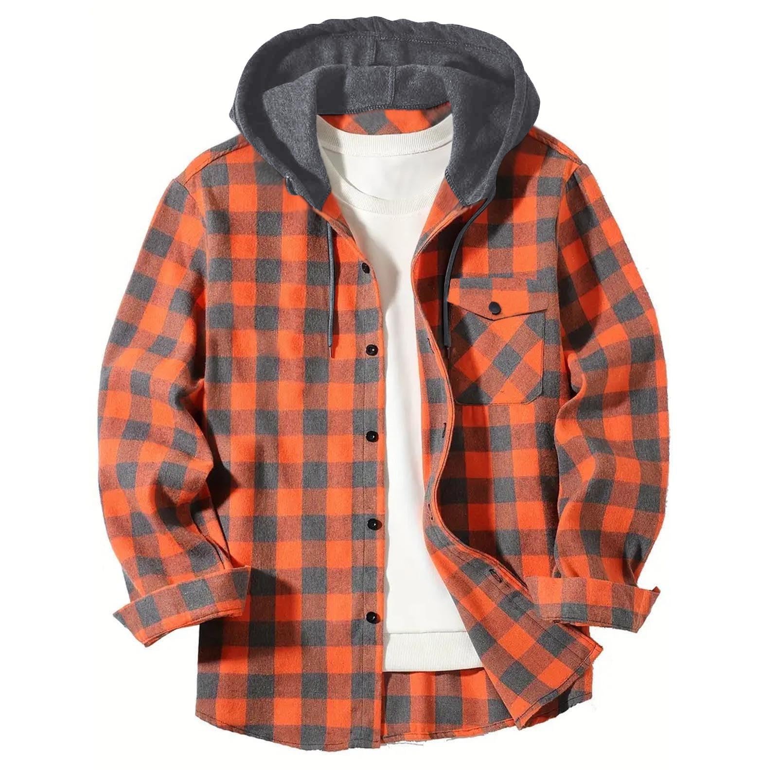 Shirts for Men Long Sleeve Fashion Casual Button Down Plaid Shirt Drawstring Hooded Jackets Lightweight Shacket 2026 — view 11