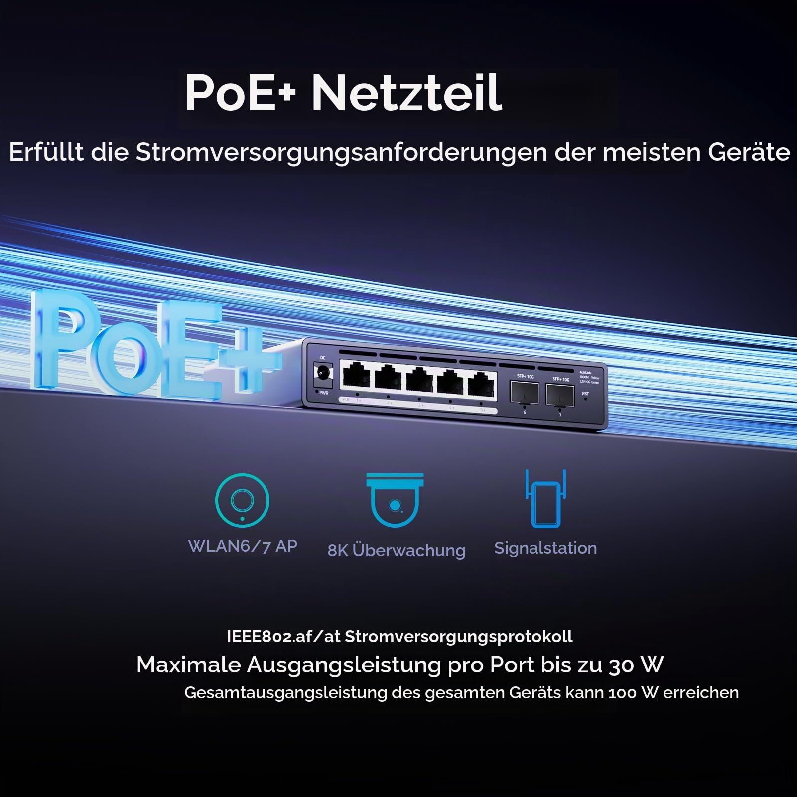 7-Port 2.5G Managed PoE+ Switch 5X 2.5GbE RJ45 PoE+ 2X 10G SFP+ | VLAN/LACP/QoS/STP/IGMP, Web-Managed, Fanless Metallgehäuse für IP Kamera, NAS, WiFi 6/7 AP