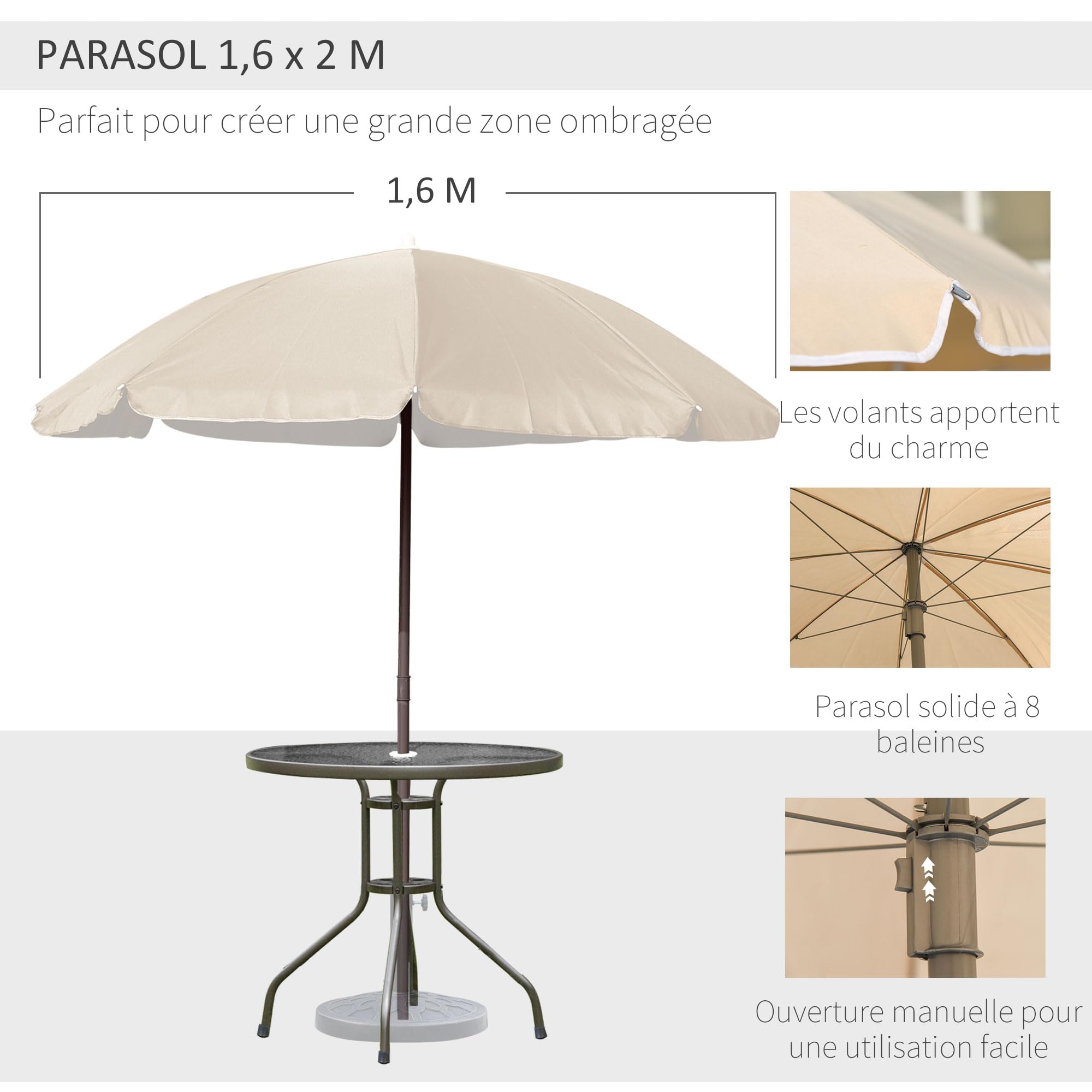 Outsunny Salon de Jardin 6 pièces Table Ronde Chaises Pliables Parasol Acier époxy Polyester Beige