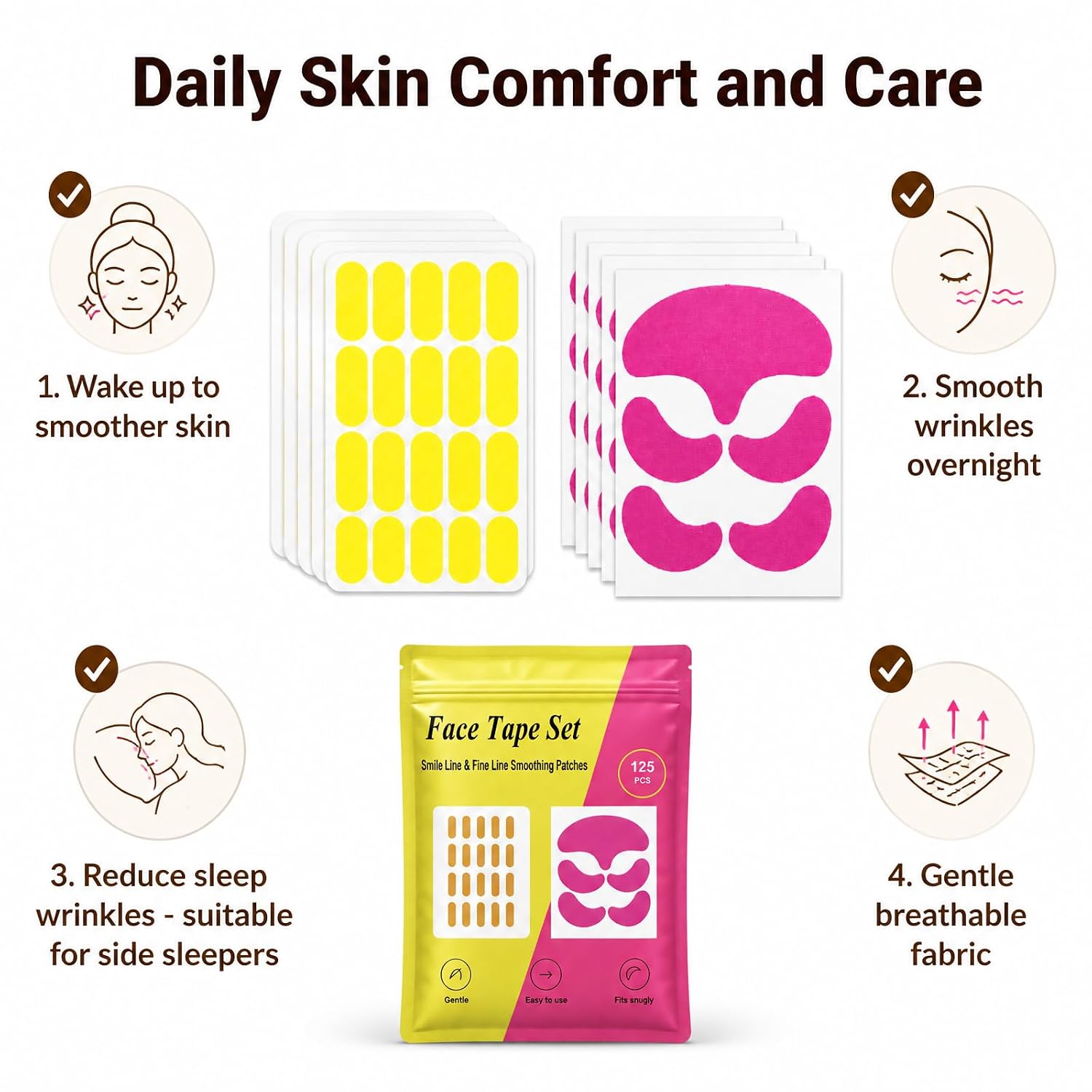 Face Tape for Wrinkles, Smile Line Patches for Face, Wrinkle Forehead Tape, Face Tape Lifting Wrinkle Patches Overnight, 125 Count, 2 Colours