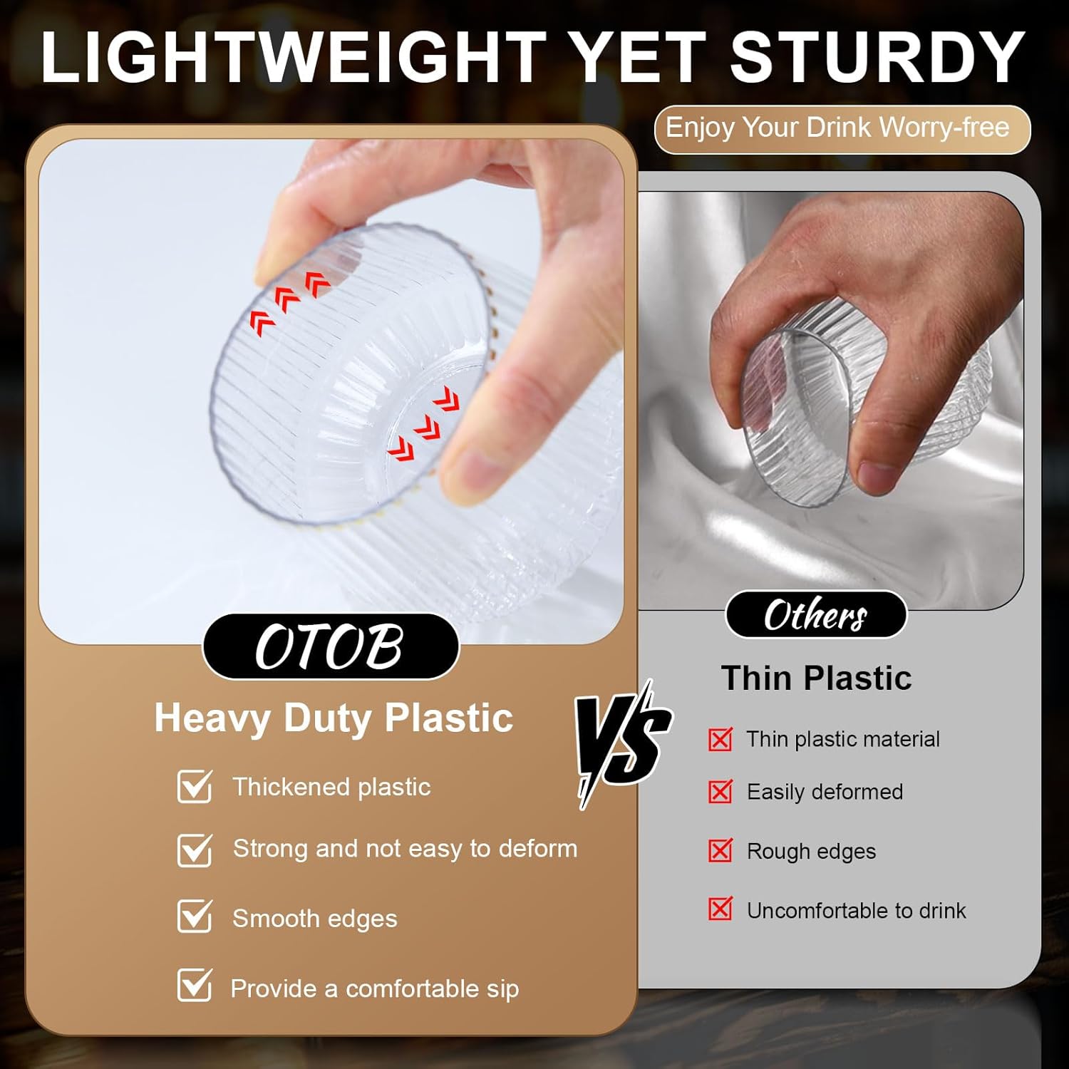 OTOB 40 Pack Stemless Plastic Wine Glasses 14 OZ Origami Ripple Unbreakable Wine Cups, Reusable Disposable Whiskey Champagne Glass, Shatterproof Cocktail Cups for Home Party Wedding Bar, Gold Rim - Image 5