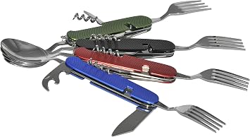 UNCLE JAKE 4 Set 6-in-1 Camping Utensil Stainless Steel Fork Knife Spoon Bottle Opener, Travel Cutlery Set with Both Hands