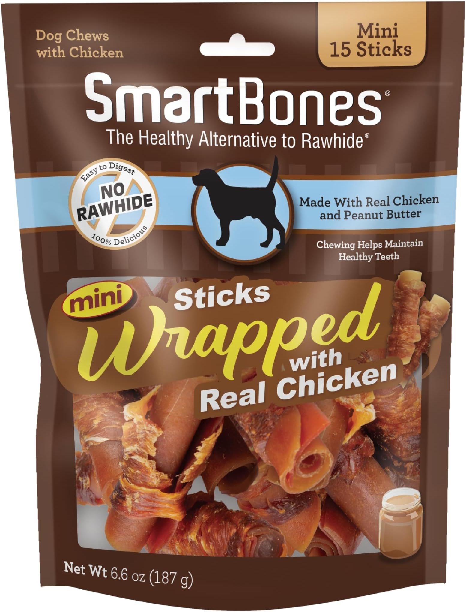 Mini Chicken-Wrapped Sticks For Dogs With Real Peanut Butter, Rawhide-Free Dog Chew, 15 count
