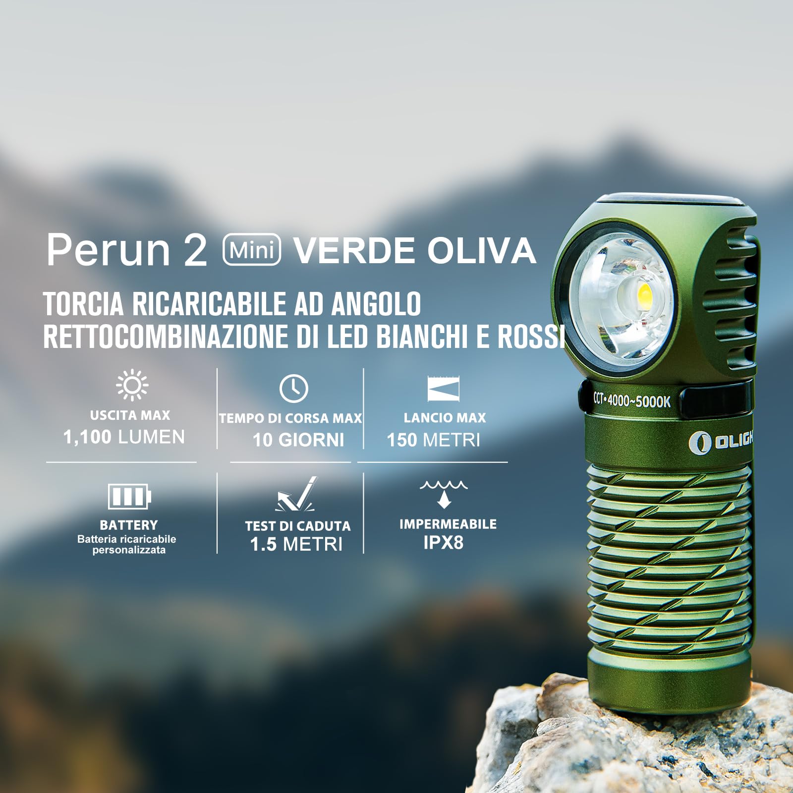 OLIGHT Perun 2 mini Lampada Frontale LED 1100 Lumen Torcia Elettrica Ricaricabile 5 Livelli di luminosità, Regolabile a 180° per Corsa, Jogging, Campeggio, le segnalazioni di emergenza(Verde Oliva NW)