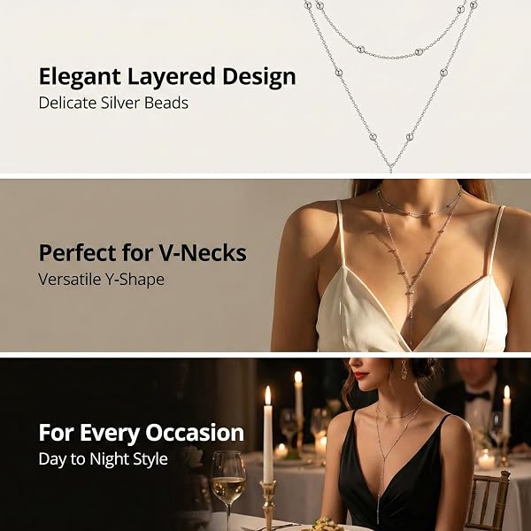 Collana Y in Argento, Collana Doppia Boho con Pendente, Catena Lunga in Argento per Donna, Elegante Accessorio per Strati - 5