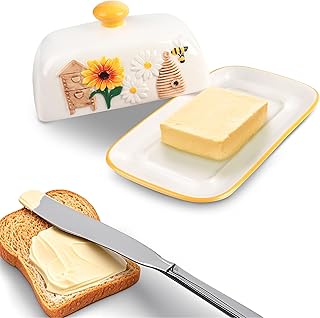 Butter Dish With Lid 3D Relief Design - Say Goodbye To Softened Butter, Hand Drawn Cute Sunflower Bee Pattern Butter Container, Kitchen Tableware Ceramic Butter Dishes With Smooth - Buy now