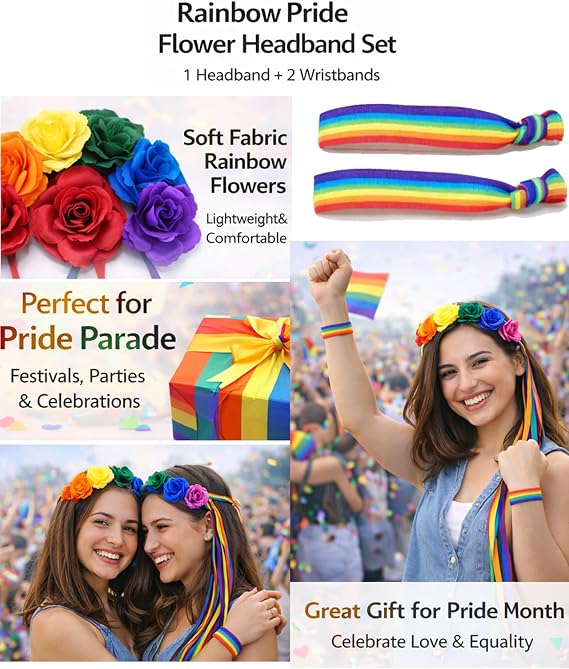 Oiomniv Rainbow Flower Headband Set with Ribbons and 2 Wristbands