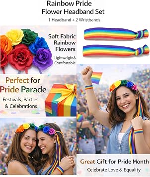 Oiomniv Rainbow Flower Headband Set with Ribbons and 2 Wristbands
