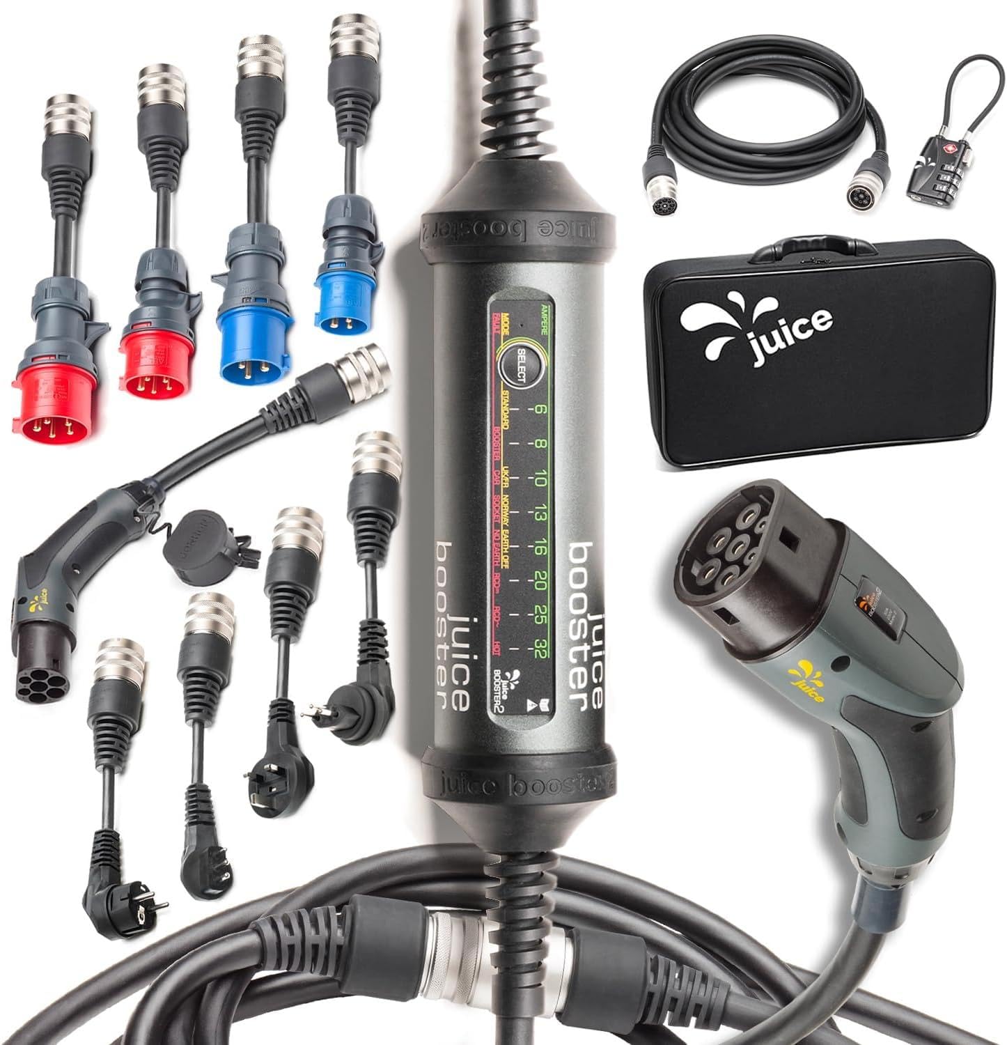 Juice Booster 2 Master Set, Mobile Wallbox 22kW, Caricabatterie Auto Elettrica con Cavo Ricarica Auto Elettrica Tipo 2, Include 4 CEE + 4 Adattatori UE + Tipo 2 + Cavo di Prolunga 5m + 2 Serrature