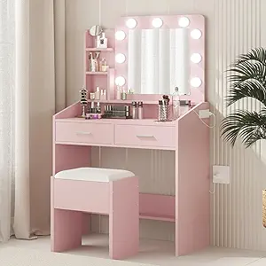 GarveeHome Vanity Desk with Mirror and Lights, Makeup Vanity with Power Outlet & Cushioned Stool, 3 Lighting Modes Adjustable Brightness, Dressing Table with Hairdryer Holder for Bedroom, Pink