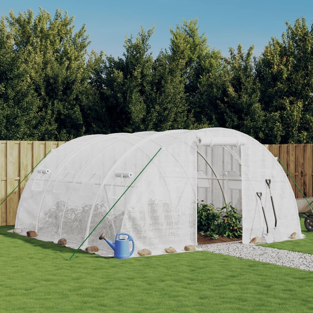 Gewächshaus mit Stahlrahmen in Weiß 16 m² 4x4x2 m für Hobbygartenbau, Pflanzenpflege, Gemüse, Kräuter, Blumen, Überwinterung, Balkon, Terrasse, mit Belüftung und Fenstern