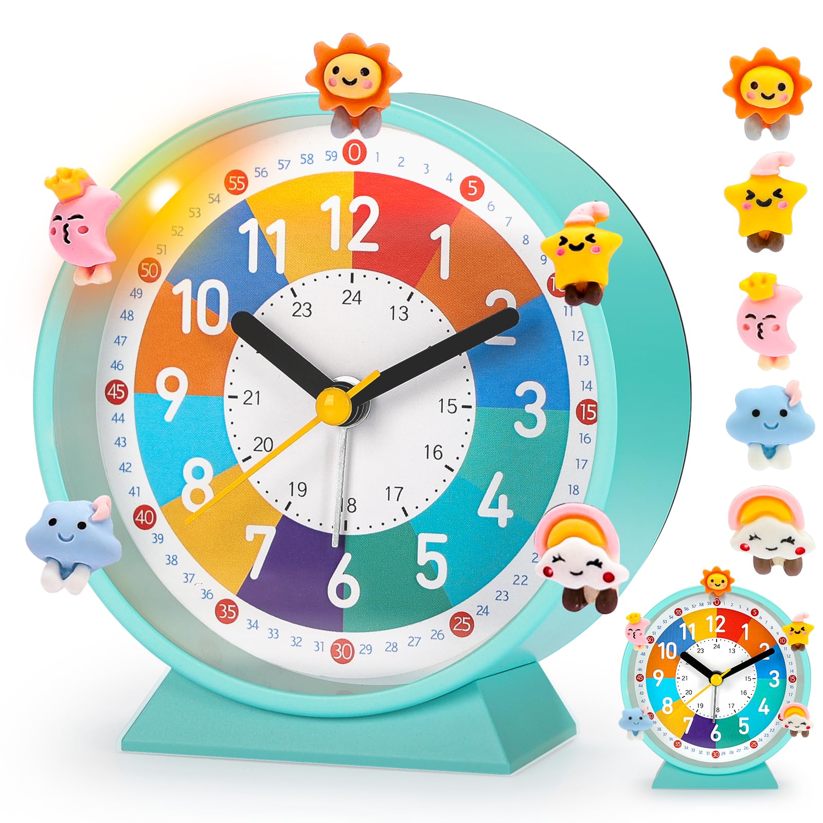 Réveil Enfant PIXESTT Éducatif Jour/Nuit – Silencieux Sans Tic-Tac, Snooze, Veilleuse Douce + 5 Décorations Amovibles