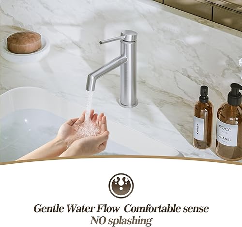 Miniatura 4 de Phiestina Grifo de baño de oro cepillado, grifo de lavabo de baño de una sola manija, con línea de suministro de agua y drenaje desplegable de