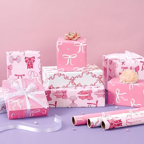 Vista 216 de WERNNSAI Rollos de papel de regalo de dinosaurios, 3 rollos de papel de regalo de dinosaurio rosa de 17 x 120 pulgadas, para bebés, niñas, Pink