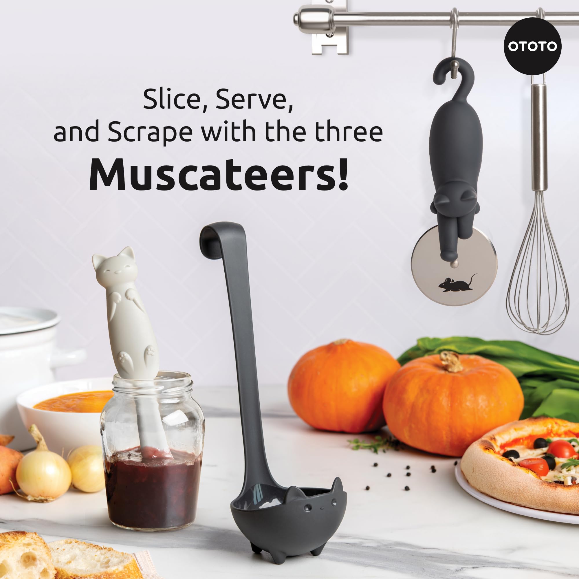 OTOTO Muscateers Bundle of Mary Cat, Katie, Kitty – Glas-Schaber-Spatel, Suppenkelle, Pizzaschneider – niedliches Küchenzubehör, gruselige Gothic-Katzen-Geschenke für Frauen, Küchengeschenke