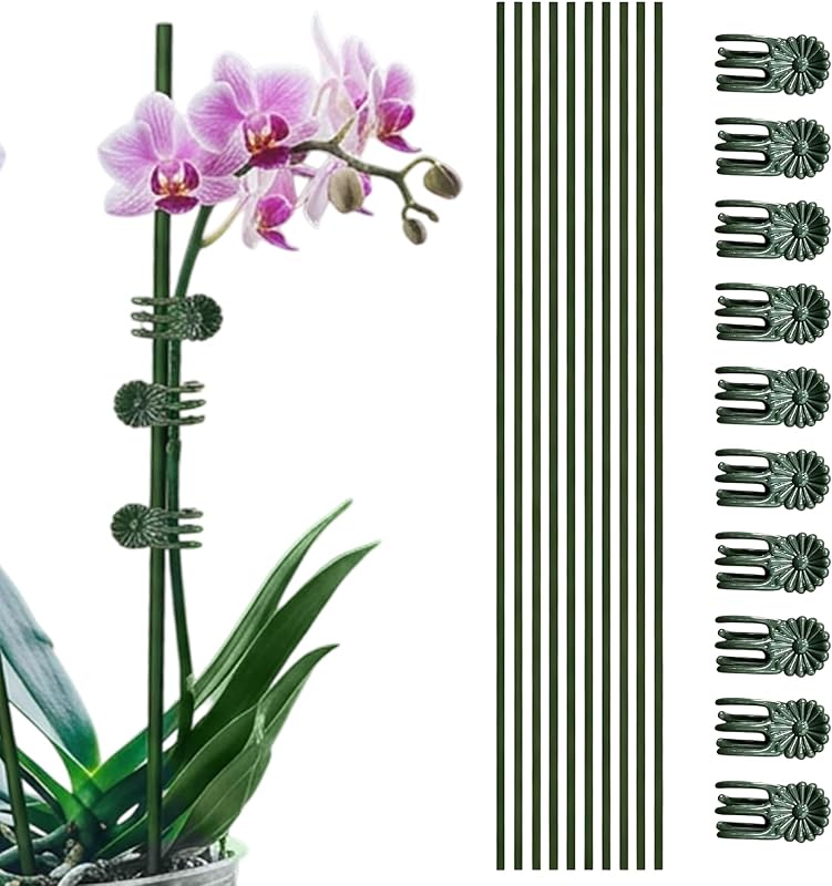 10Pcs 15.7 Inch Bendable Plant Stakes with 10Pcs Clips, Green Plant Supporting Rods for Indoor Outdoor Potted Plants Orchid Rose Peony Single Stem Flower Fixing Use