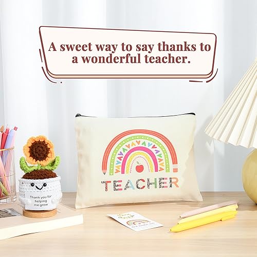 Miniatura 5 de Aileam Regalos de agradecimiento para profesores, 6 unidades, bolsas de maquillaje para profesores, kit de supervivencia, marcapáginas de girasol,
