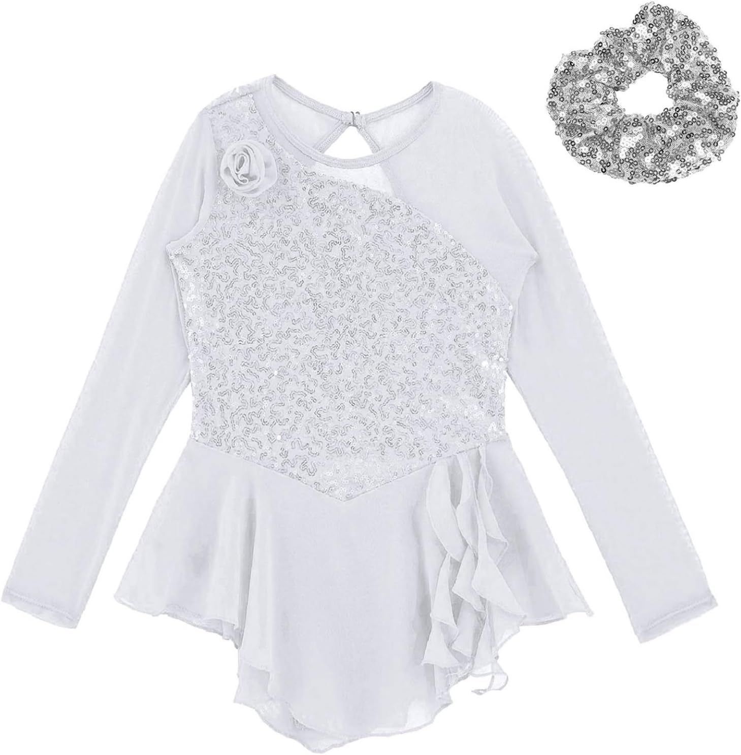 Girls' Ice Figure Skating Dress Long Sleeve Shiny Sequins Mesh Skirted Leotard Dresses with Hair Tie Dancewear