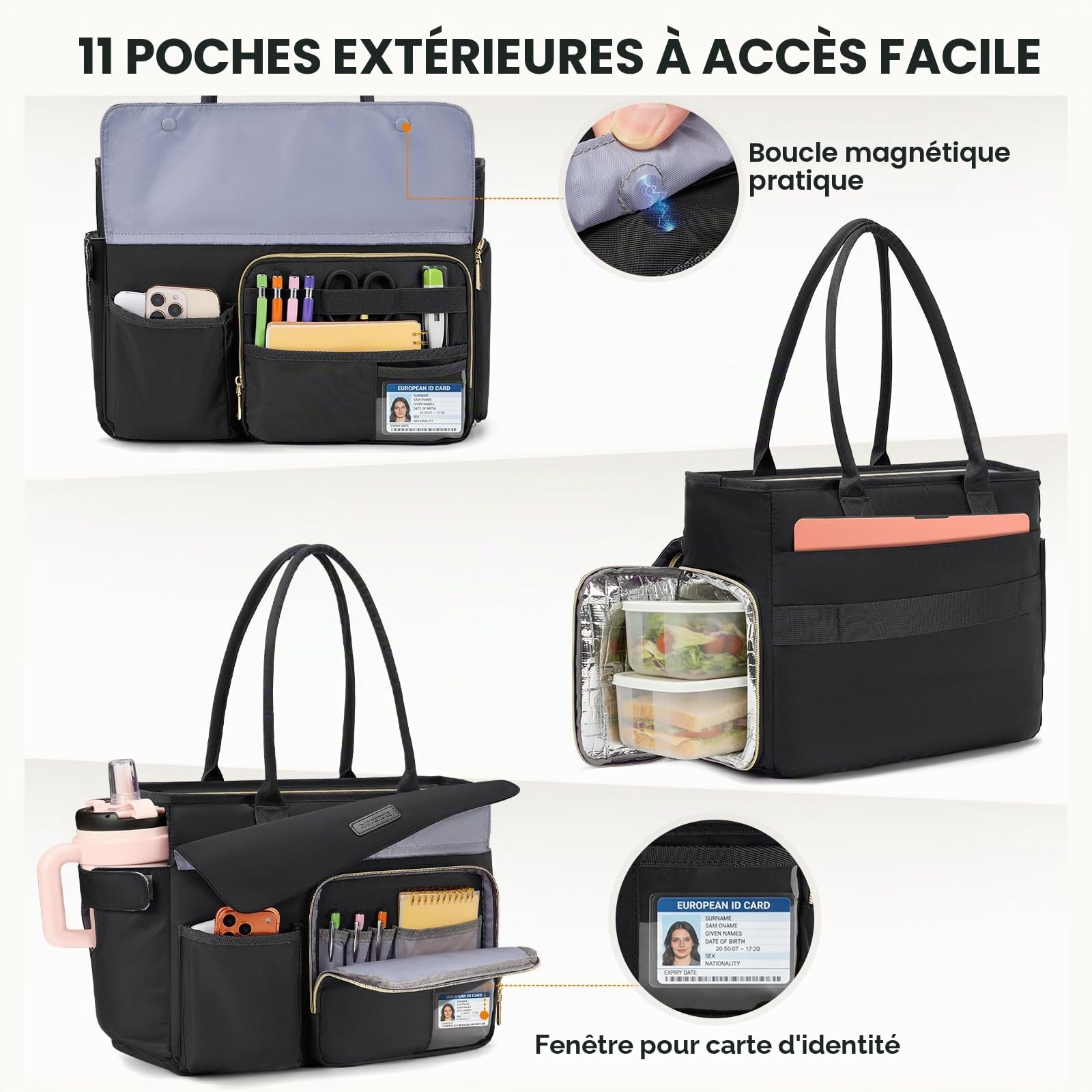 RAINSMORE Sac de Travail Femme avec Compartiment Repas Isotherme, Sac Ordinateur Portable 17,3 Pouces Grande Capacité, Sac Enseignante Imperméable pour Bureau, École, Université et Voyage Noir