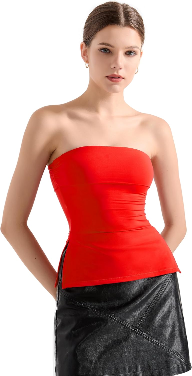 SUUKSESS Women Double Lined Going Out Trendy Tube Tops Side Split Sexy Tank Tops