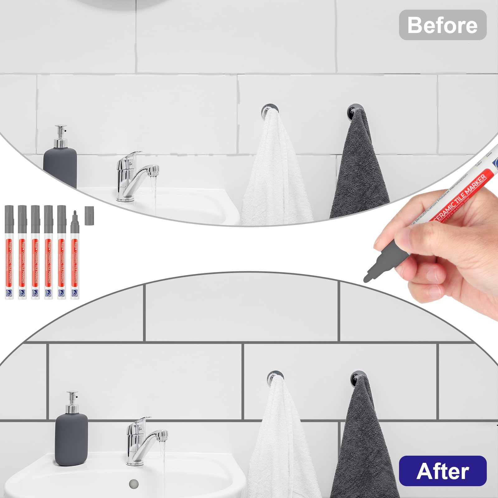 DONQL Stylo Joint Carrelage Gris 6 Pièces avec Pointes de Rechange Rénovateur Coulis