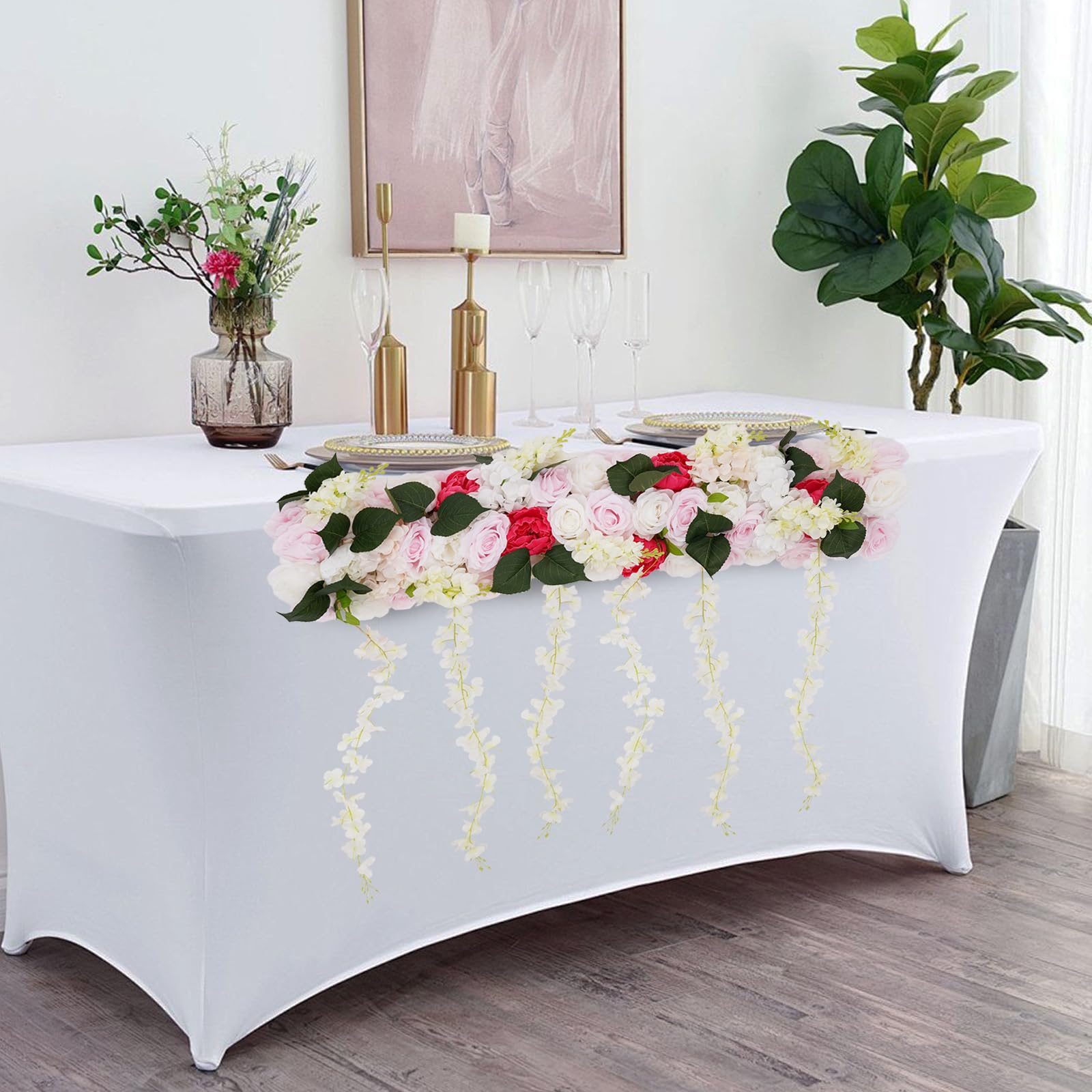 Flores artificiales 3D para pared, 100 x 80 cm, tira de flores artificiales con rosas peonías, decoración de pared fácil de limpiar para balcón, jardín, boda, salón