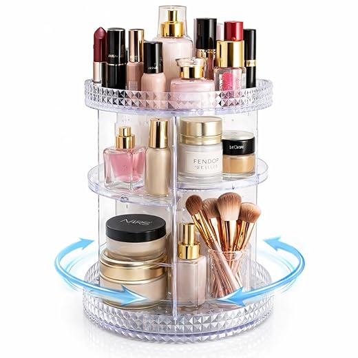 Organizador de Maquiagem Giratório 360° em Acrílico I Porta Cosméticos com Divisórias I Expositor de Batons, Perfumes e Acessórios I Transparente