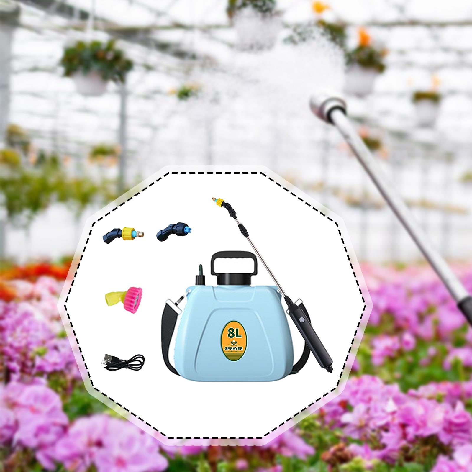 Spruzzatore Elettrico da 8L con Manico Ergonomico Asta Telescopica Regolabile Tre Diversi Ugelli Spallaccio Pratico Adatto per Giardino Casa Orto, Blu