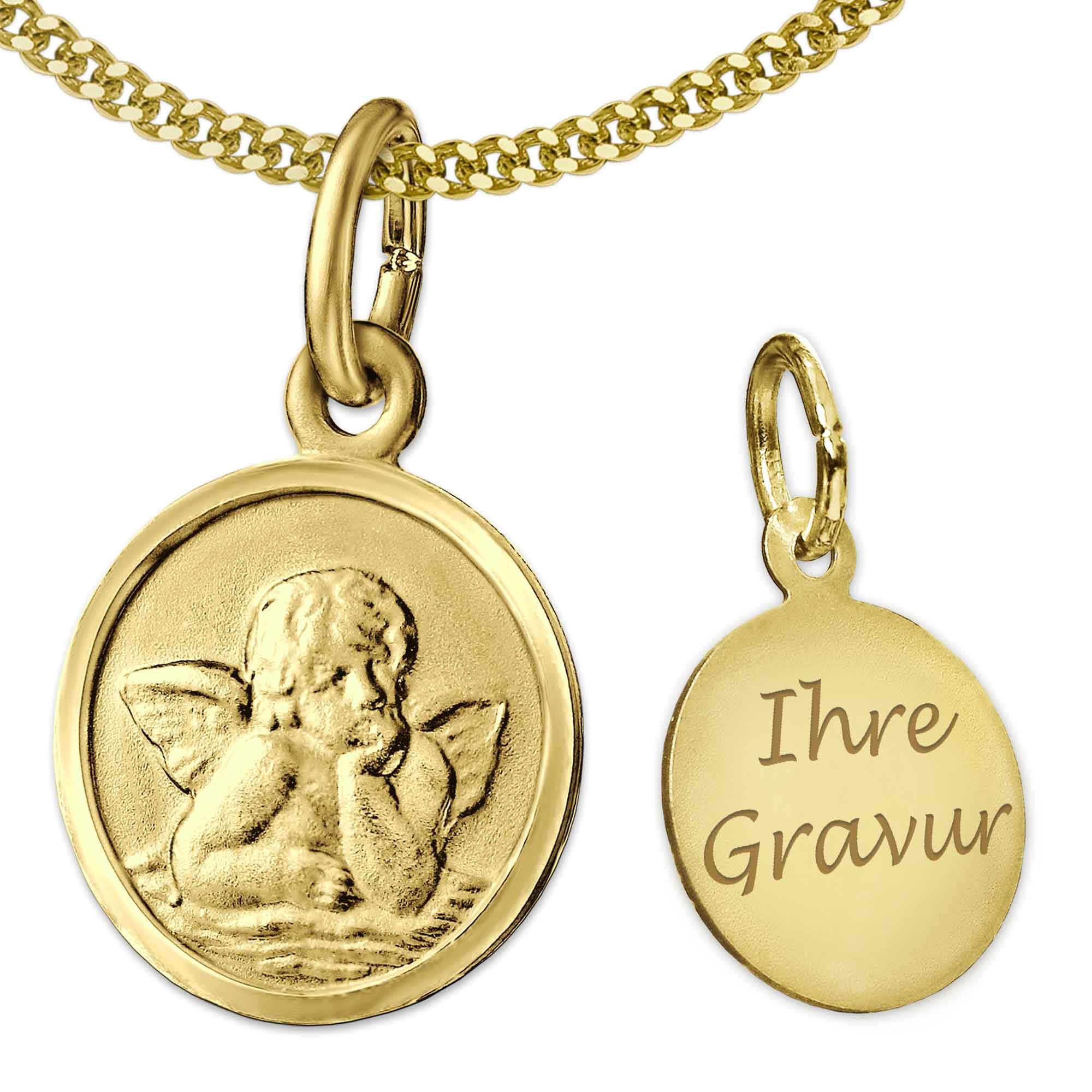CLEVER SCHMUCK Schutzengel Anhänger personalisiert Ø 10 mm 925 Silber vergoldet individuell Taufkette mit Gravur im Etui creme