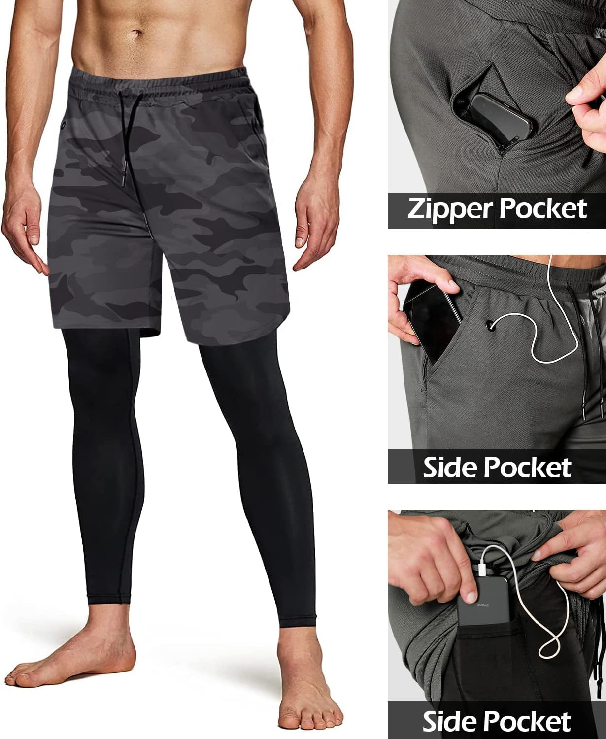 Aolesy Men's 2 in 1 Running Pants, Gym Workout Compression Pants for Men Training Athletic - Image 4